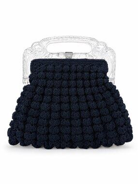 VINTAGE 30s Popcorn Crochet Navy Blue Peacock Handle Evening Bag